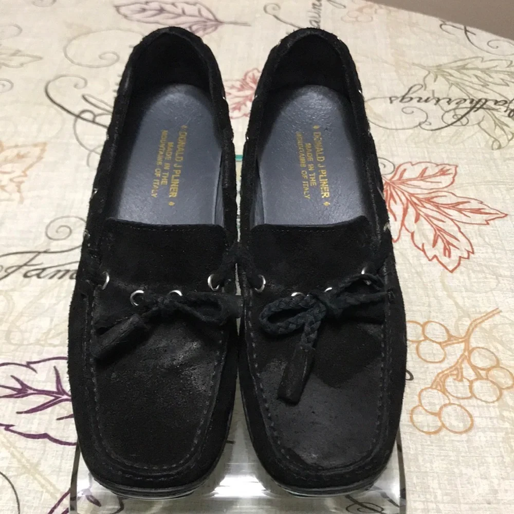 Donald J Pliner Ezara Italy Black Suede Leather Slip On Flat Boat Shoes Womens 8